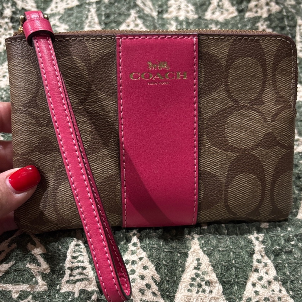 Coach Signature Brown and Pink Wristlet